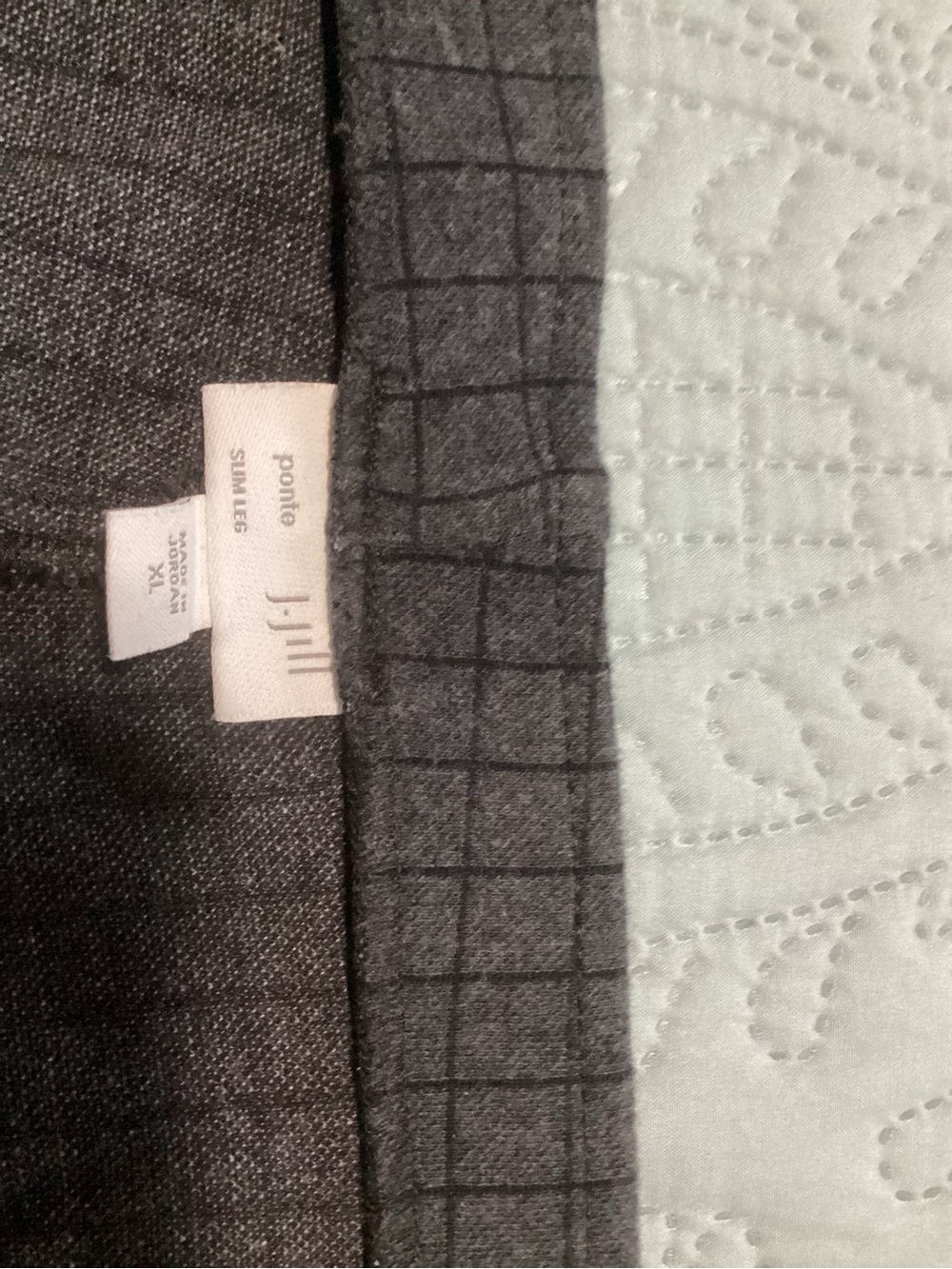 J Jill Gray ponte knit slim leg slack with navy windowpane pattern